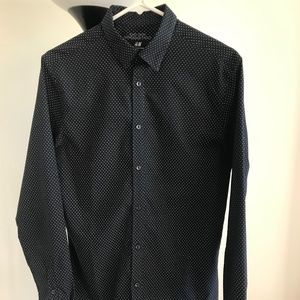 H&M Long sleeve, business casual button shirt, Navy blue, Polka dots